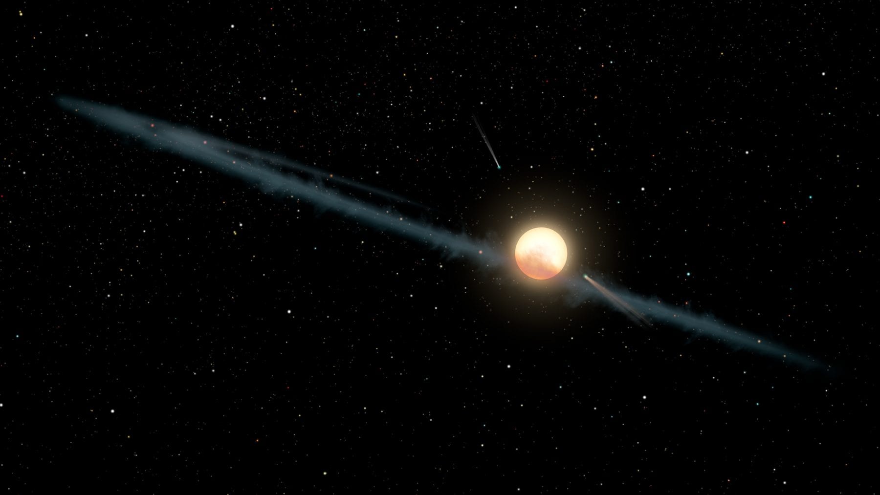 Ilustracija hipotetskog nejednakog prašinskog prstena koji orbitira oko KIC-a 8462852, Bojajianske odnosno Tabijeve zvijezde. Izvor: NASA.