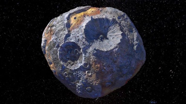 Umjetnički prikaz  Asteroida Psyche i dva udarna kratera na njegovoj površini.Izvor: Maxar / ASU / P. Rubin / NASA / JPL-Caltech