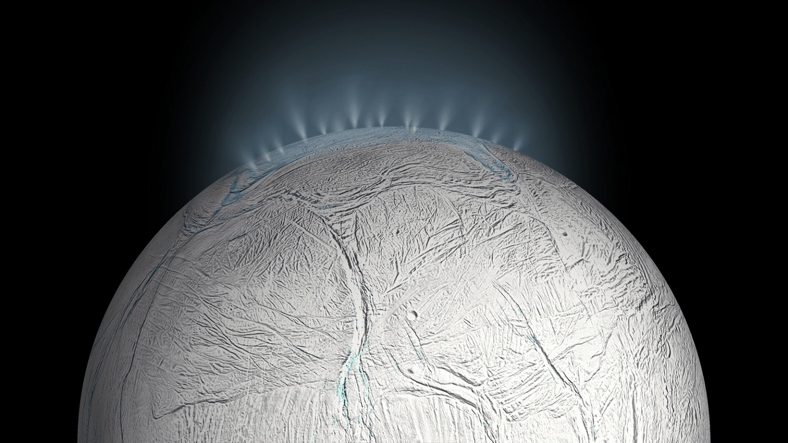 Umjetnikov dojam  vodenih gejzira na Enceladusu koje je NASA-ina svemirska letjelica slikala nekoliko puta. Znanstvenici vjeruju da su svjetovi s podzemnim oceanima poput Encelada pogodniji za stvaranje života od planeta s površinskim oceanima poput Zemlje. Izvori: NASA / JPL-Caltech