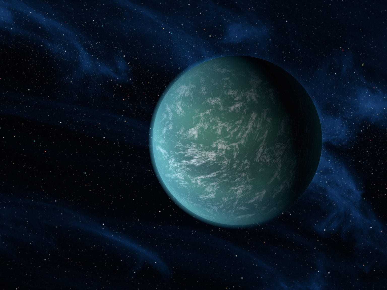 Umjetnička ilustracija exoplaneta Kepler-22b, potencijalno stjenovit svijet ispunjen oceanima. Zasluge: NASA / Ames / JPL-Caltech
