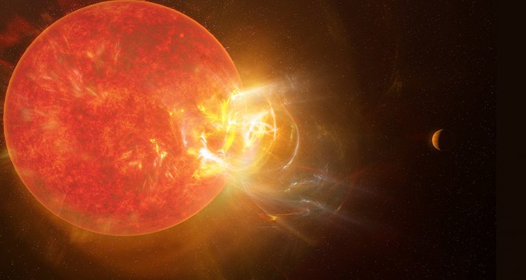 Umjetnička impresija rekordne solarne baklje sa Proxima Centuari. Izvor: NRAO / S. Dagnello