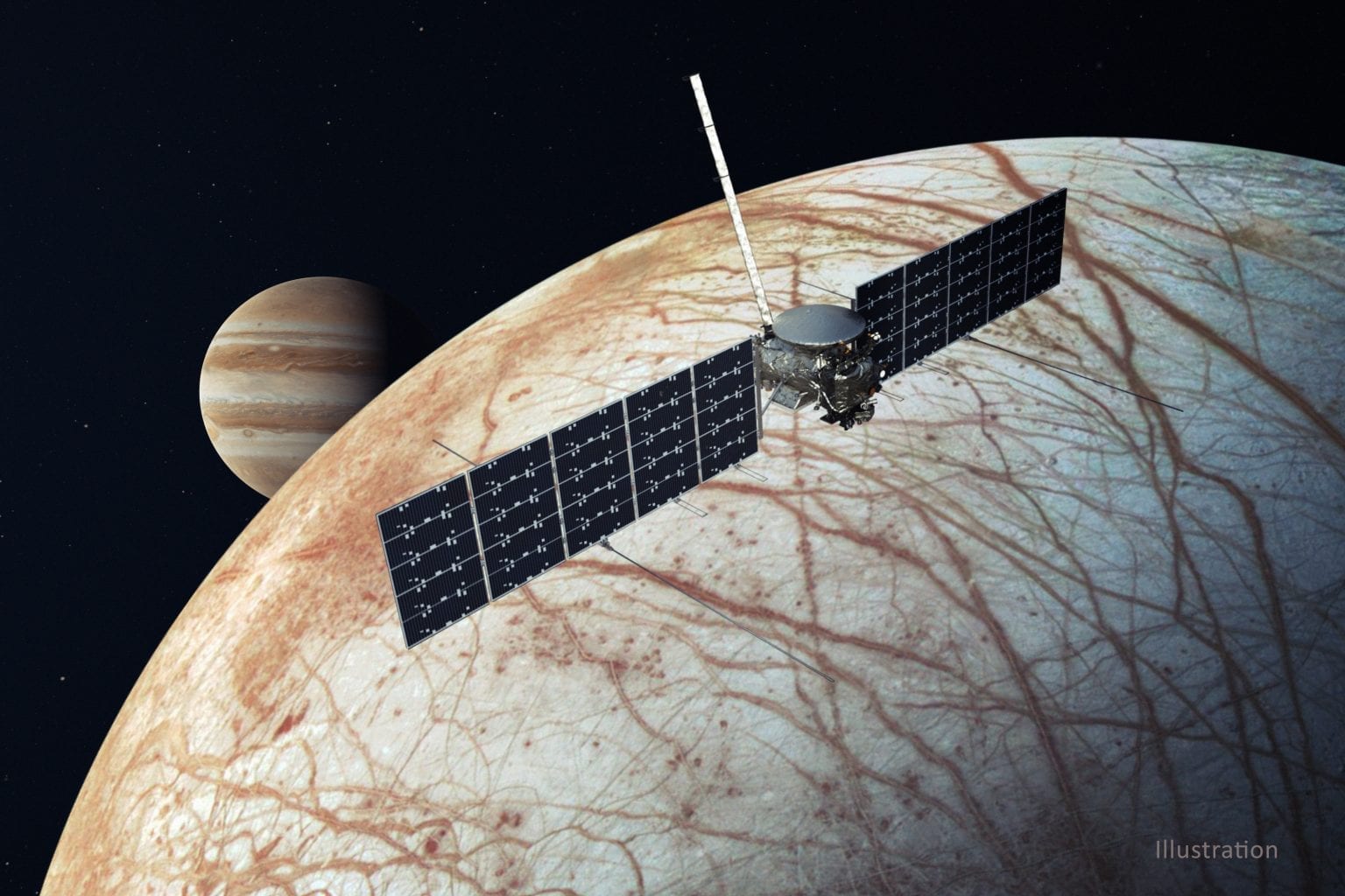 Umjetnička impresija NASA-ine letjelice "Europa Clipper", koja bi trebala biti lansirana 2024. godine. Izvor: NASA/JPL-Caltech