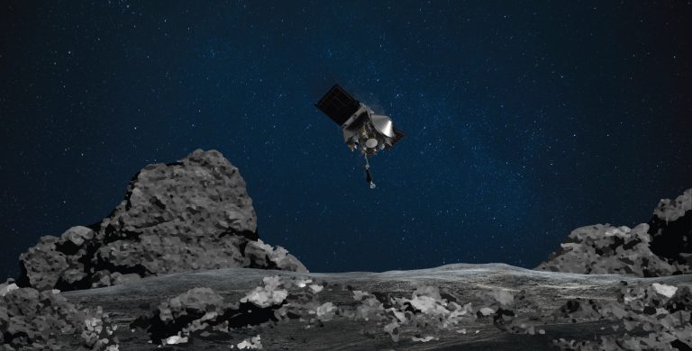 Umjetnička impresija NASA-ine letjelice Osiris Rex iznad asteroida Bennu. Izvor: NASA/Goddard/University of Arizona