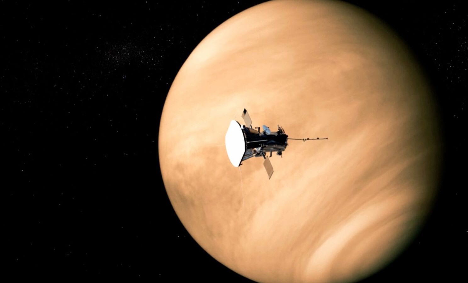 Umjetnikov dojam solarne sonde Parker tijekom leta u blizini Venere. Tijekom njihovog posljednjeg susreta, sonda je otkrila čudne radio emisije s Venere koje sugeriraju da je ušla u njenu atmosferu. Izvor: Franklin Institute / NASA