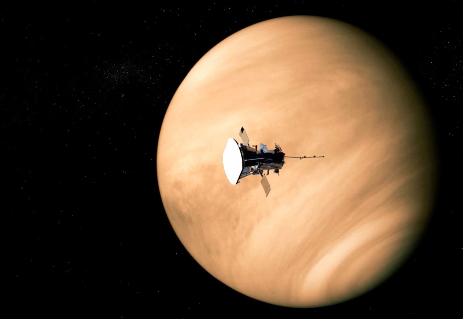 Umjetnikov dojam solarne sonde Parker tijekom leta u blizini Venere. Tijekom njihovog posljednjeg susreta, sonda je otkrila čudne radio emisije s Venere koje sugeriraju da je ušla u njenu atmosferu. Izvor: Franklin Institute / NASA