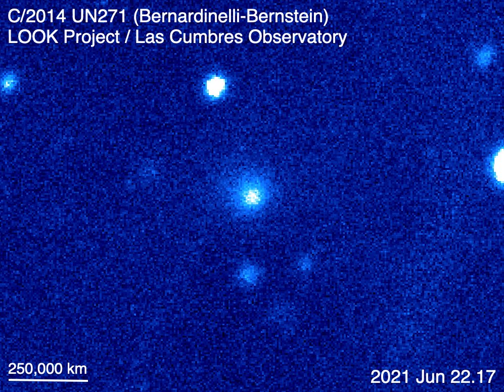 Komet C / 2014 UN271 (Bernardinelli-Bernstein), na kompozitnoj slici sintetičke boje napravljenoj 1-metarskim teleskopom Las Obomservatorija u Sutherlandu, u Južnoj Africi, 22. lipnja 2021. Izvor: LOOK / LCO