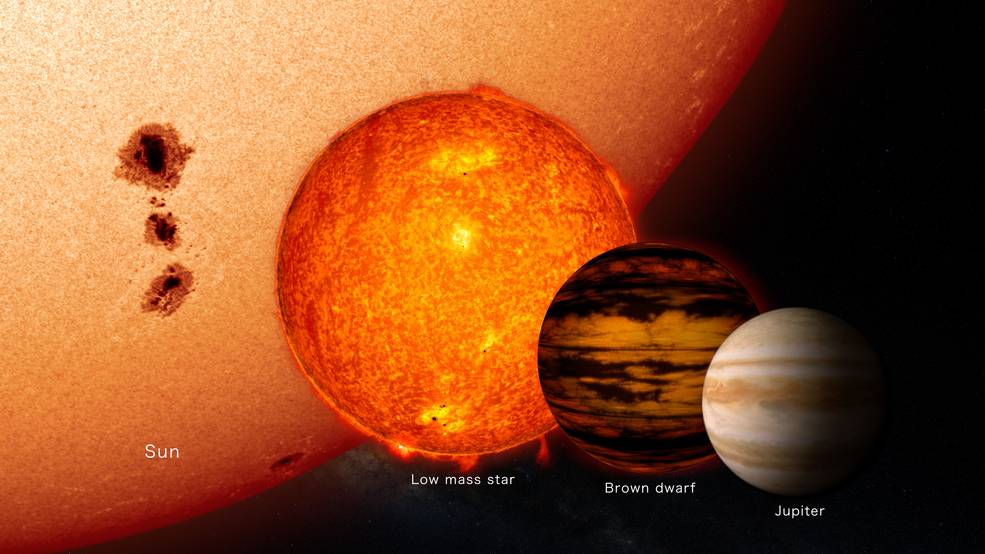 Usporedba Sunca, zvijezde male mase, smeđeg patuljka i plinovitog diva (Jupitera). Izvor: NASA's Goddard Space Flight Center