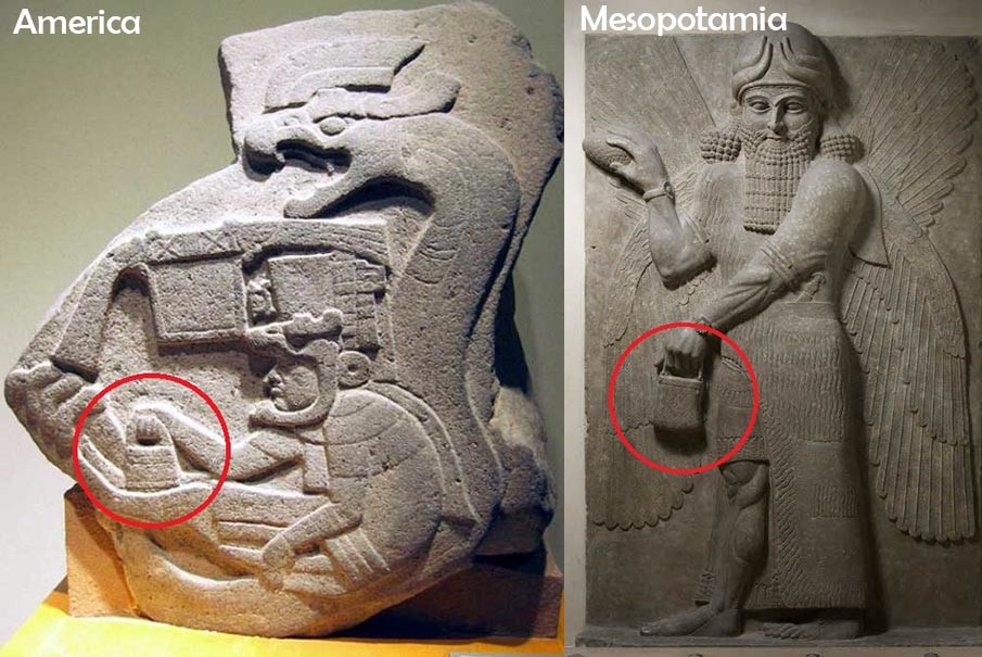 Slika pokazuje „ručnu torbu“ bogova prisutnu na mezoameričkim i mezopotamijskim motivima.