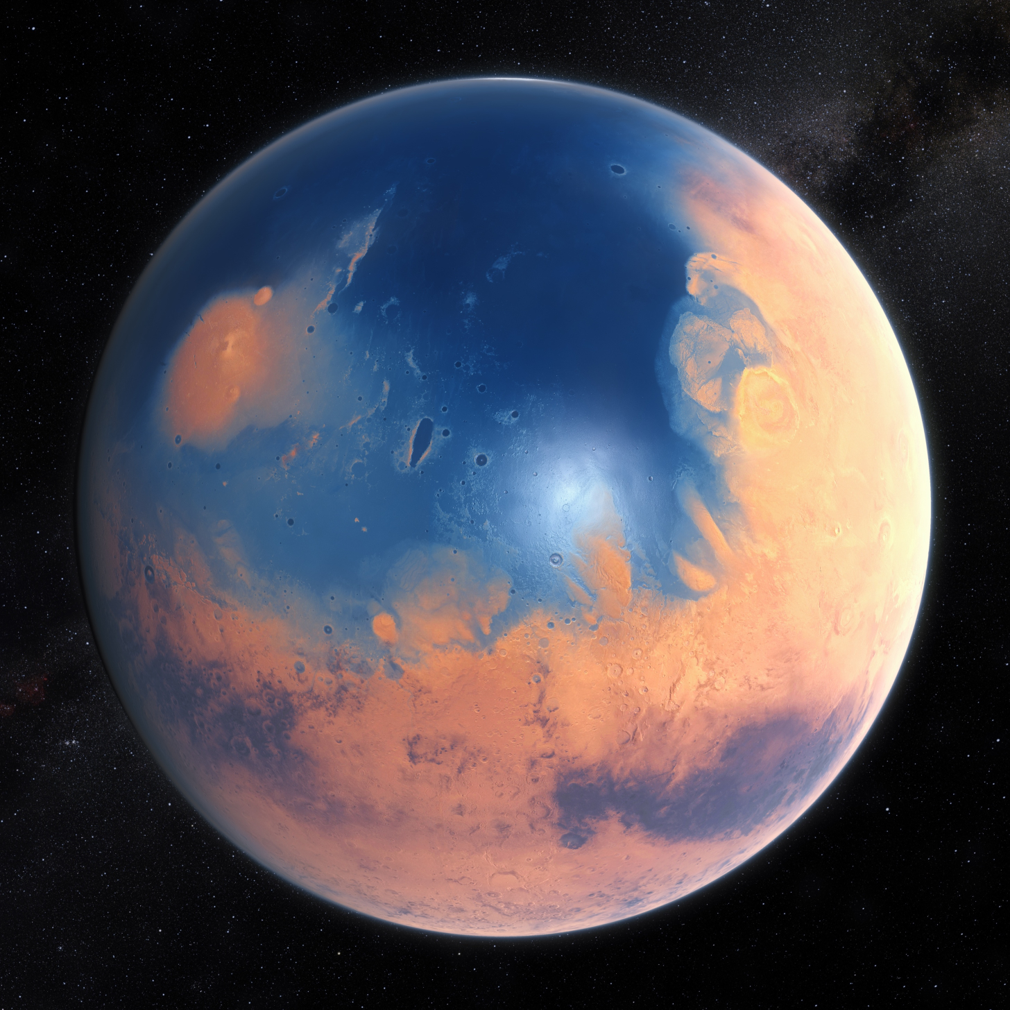 Umjetnički prikaz Marsa kako je izgledao prije 4 milijarde godina kad je imao površinsku tekuću vodu (©NASA).