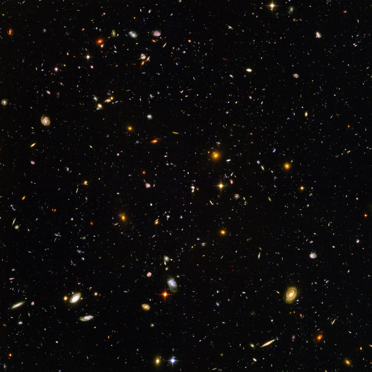 Izvorna verzija poznate Hubbleove slike. Prostor za koji se prethodno mislilo da predstavlja samo crno ništavilo Hubble je snimao između rujna 2003. i siječnja 2004. godine. Na kraju se ustanovilo da izvorno 'ništavilo' zapravo sadrži oko 10 000 galaksija (©NASA).