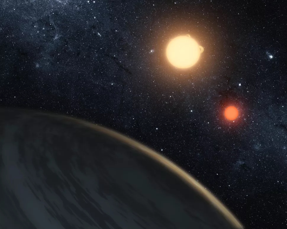 Umjetnički prikaz egzoplaneta Kepler-16b kako kruži oko dvije zvijezde (©Tim Pyle/NASA/JPL-Caltech).