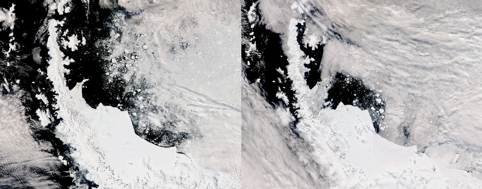 Ledeni greben Larsen B (16. siječnja i 26. siječnja 2022.). Izvor: Izvor: earthobservatory.nasa.gov.