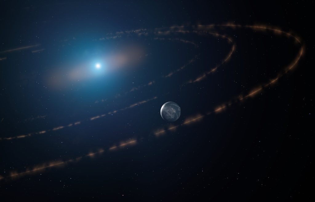 Umjetnički prikaz bijelog patuljka WD1054–226. Oko patuljka kruži oblak planetarnih krhotina te (pretpostavljeni) planet koji se nalazi u nastanjivoj zoni (©Mark A. Garlick / markgarlick.com).