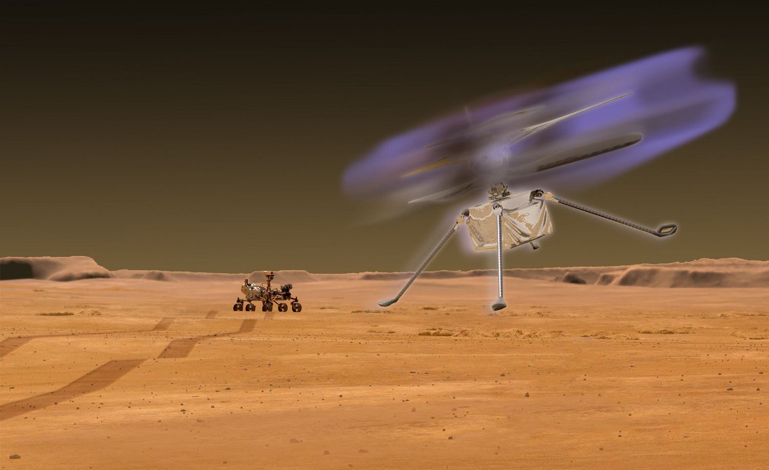 Lopatice drona na Marsu zrače čudnim ljubičastim sjajem. Izvor: NASA/Jay Friedlander.