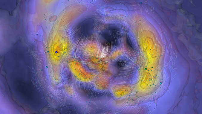 Isječak lokalnog svemira prikazuje orbite koje su galaksije pratile u bijeloj boji i konture područja velike gustoće u nijansama žuto-narančaste boje. Mliječna staza (blizu centra); Velika atraktorska jezgra superklastera Laniakea (lijevo); Perzej-Ribe (desno) (©Edward Shaya et al. 2022).