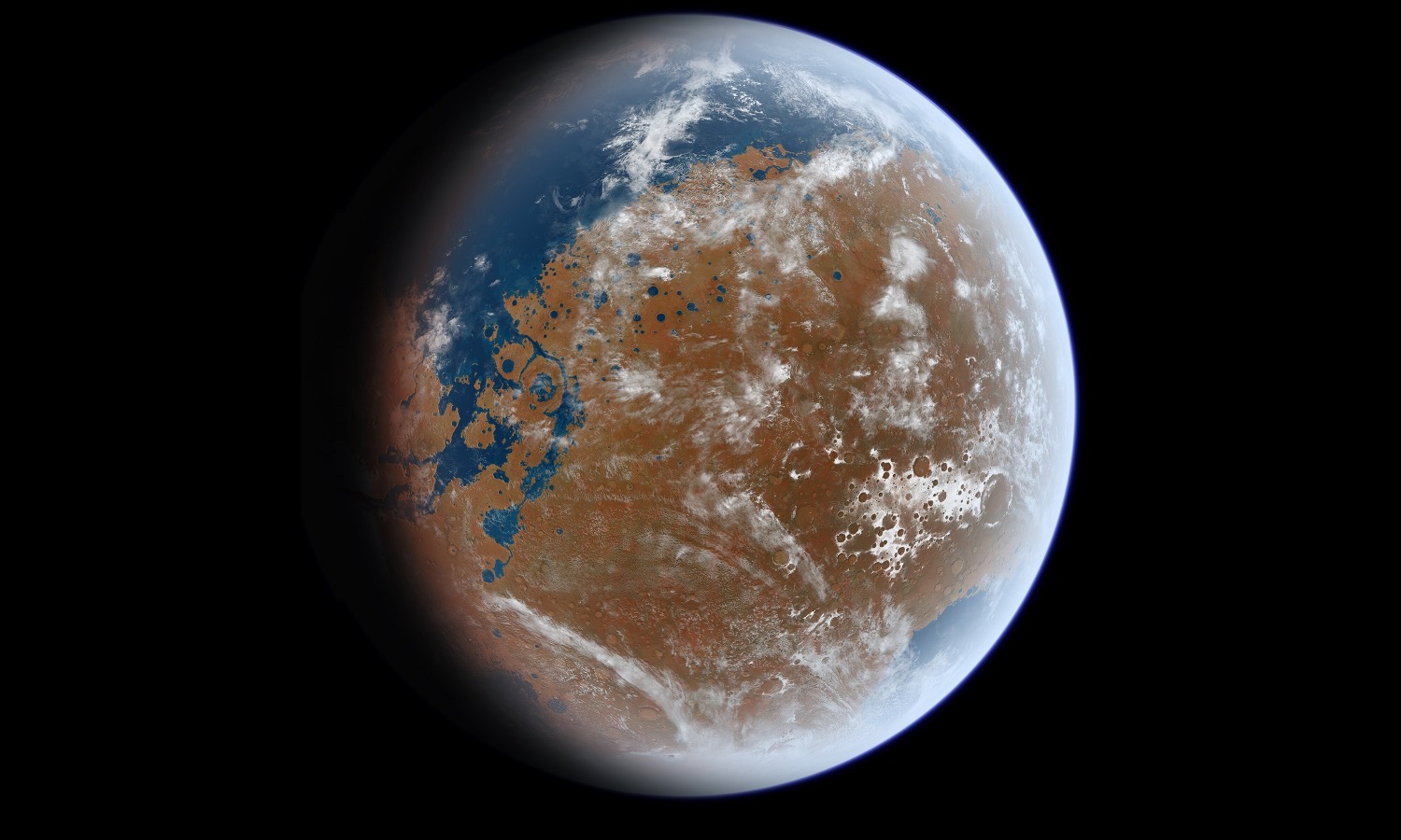 Umjetnički prikaz drevnog Marsa koji je na svojoj površini imao tekuću vodu (©Wikimedia Commons).