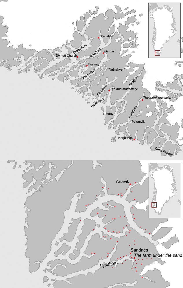 Istočno (gore) i zapadno (dolje) područje nordijske kolonizacije Grenlanda (©WikipediaCommons).