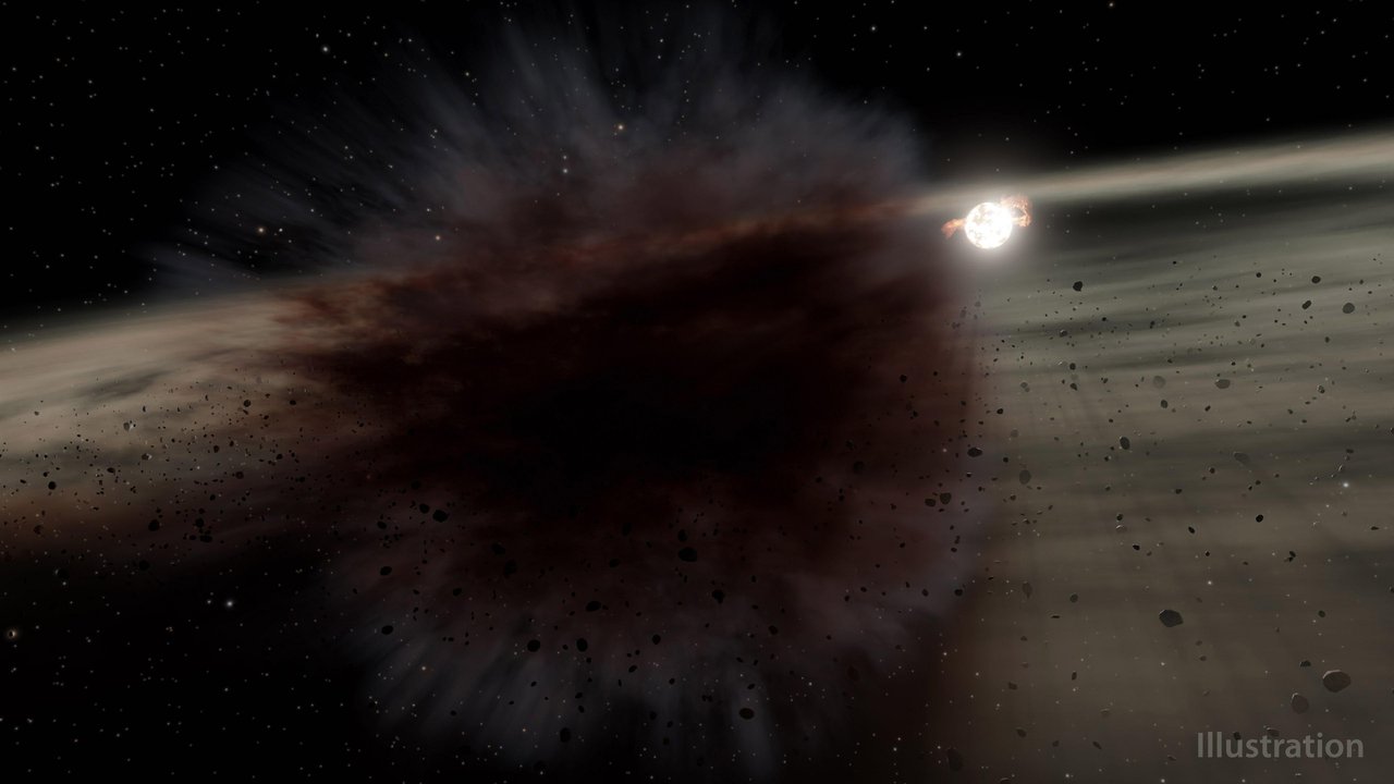 Umjetnički prikaz ishoda sudara dvaju velikih tijela veličine asteroida. Sličan sudar u sustavu zvijezde HD 166191 uočio je i NASA-in satelit Spitzer (©NASA/JPL-Caltech).