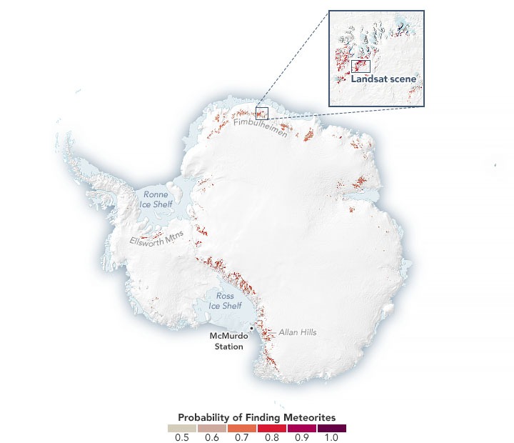 Karta koja prikazuje (crvena boja) područja veće vjerojatnosti pronalaženja meteorita na Antarktici (©Tollenaar et al. 2022).