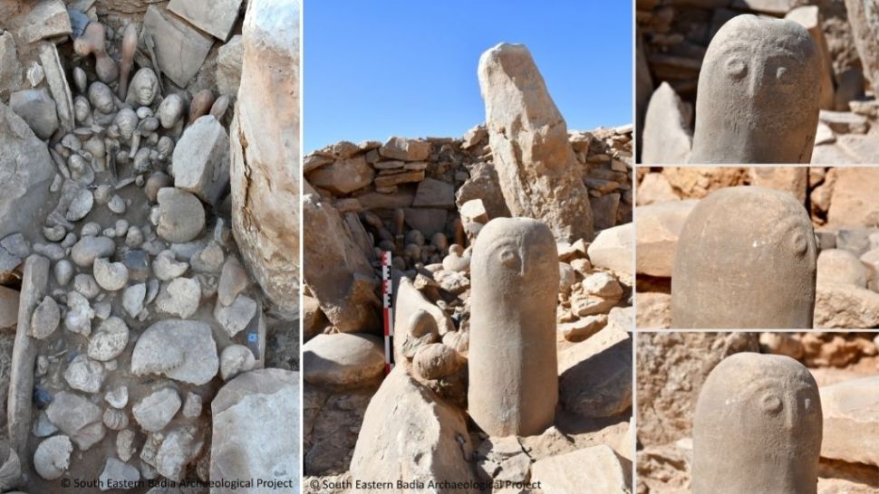 Hram sadrži mnogo morskih fosila (lijeva ploča) i dva stupa s uklesanim ljudskim licima. Srednja i desna ploča na slici nazvani su "Ghassan". Izvor: South Eastern Badia Archaeological Project.