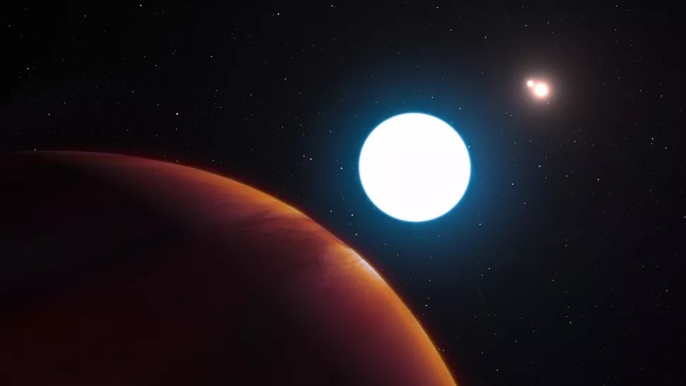 An artist's depiction of the hypothesized planet HD 131399 Ab at bottom left with its three stars to the right. (Image credit- European Southern Observatory-L. Calçada)