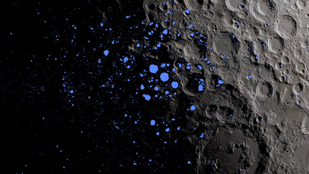 Karta koja prikazuje trajno 'zasjenjene' kratere (plava boja) u blizini Mjesečevog južnog pola (© NASA Goddard).