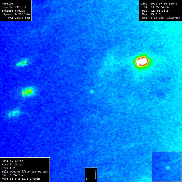 Astronomi su složili 15 nefiltriranih ekspozicija, po 240 sekundi, kako bi dobili ovu sliku novootkrivenog kometa C/2021 O3 (PanSTARRS) prošlog srpnja (sićušni objekt u središtu slike) (©E. Guido/M. Rocchetto, E. Bryssinck/M. Fulle, G. Milani/C. Nassef/G. Savini/A. Valvasori/Telescope Live).