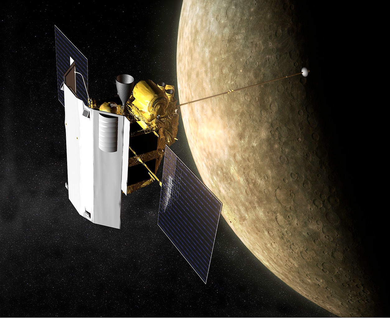 Umjetnicki prikas MESSENGER-a u orbiti Merkura (©NASA/JHU/APL).