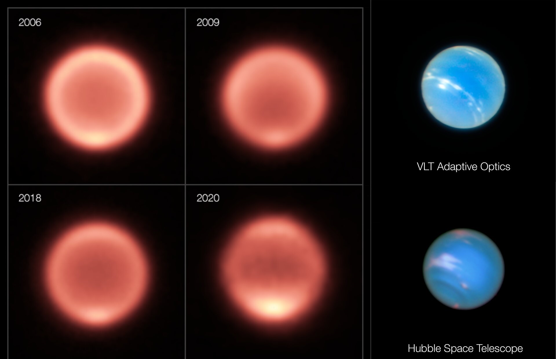 Promjene u Neptunovoj temperaturi (infracrvene snimke). Izvor: ESO/M. Roman, NAOJ/Subaru/COMICS / ESO/P. Weilbacher (AIP)/NASA, ESA, and M.H. Wong and J. Tollefson (UC Berkeley).