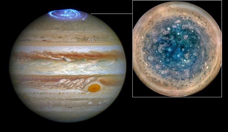 Aurore na Jupiteru. Izvor: NASA, ESA, and J. Nichols (University of Leicester) / NASA/JPL-Caltech/SwRI/MSSS/Betsy Asher Hall/Gervasio Robles.