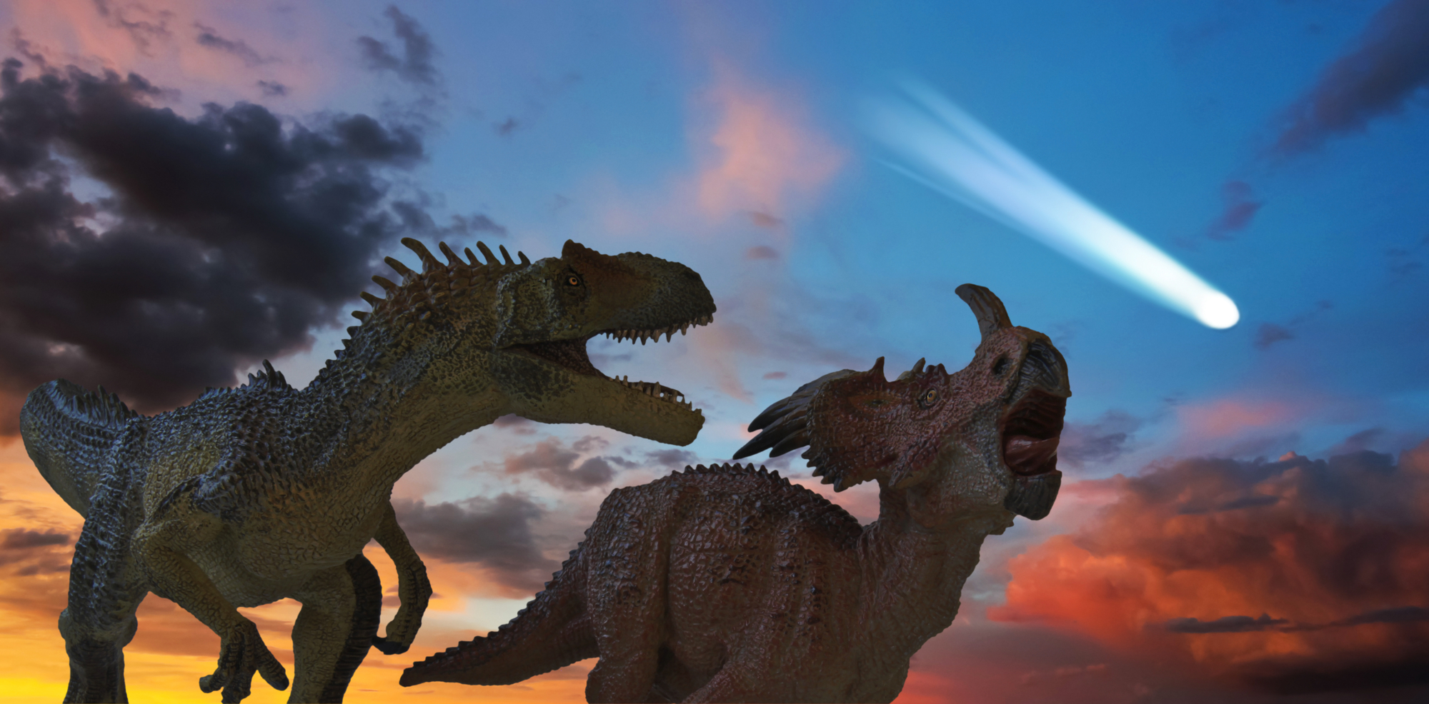 Allosaurus and Styracosaurus Battle as the Comet Approaches (Depositphotos_53769131_L)