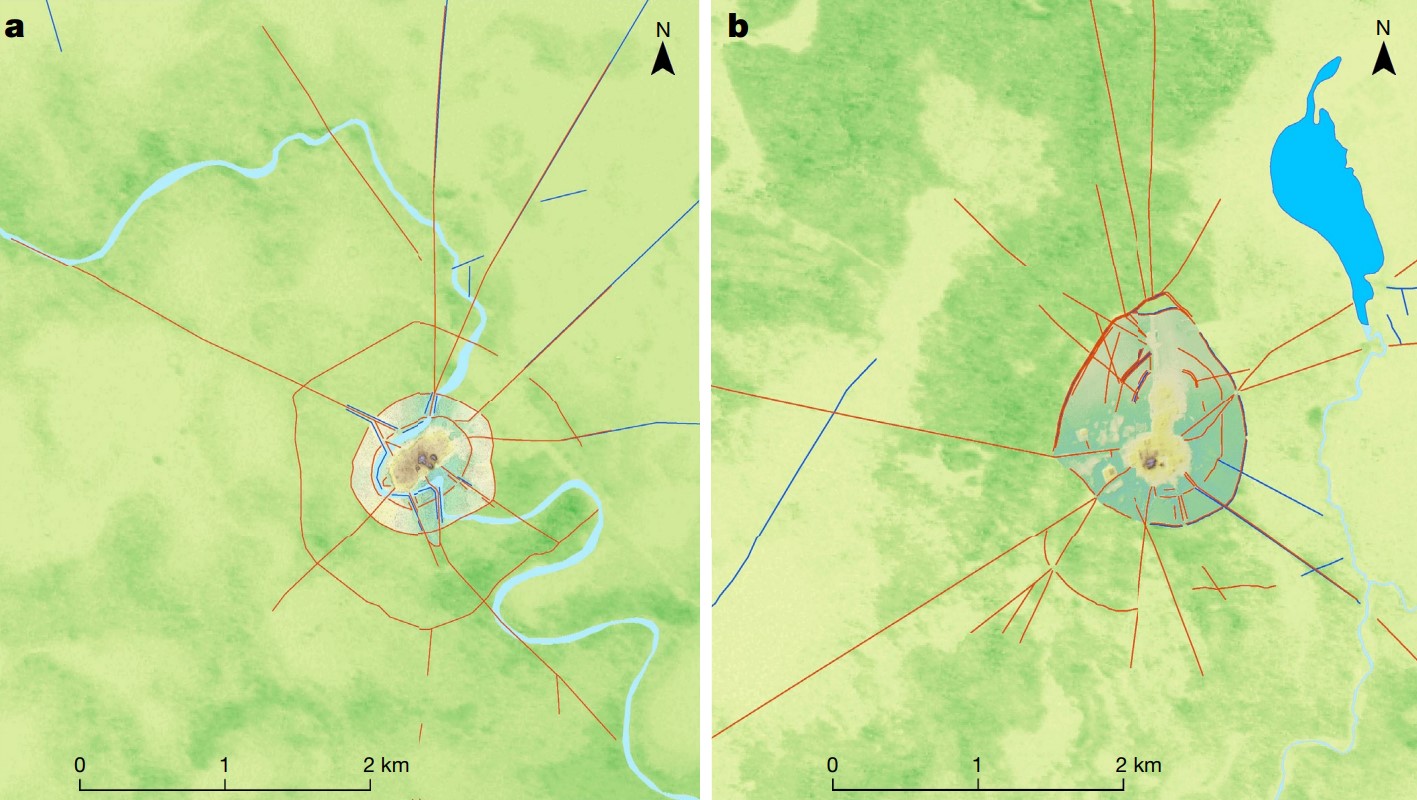 Karte dvaju velikih naselja – lokaliteta Landívar (a) te lokaliteta Cotoca (b).Crvene linije označavaju poligonalne ograde i ravne nasipe (©Prümers et al., 2022).
