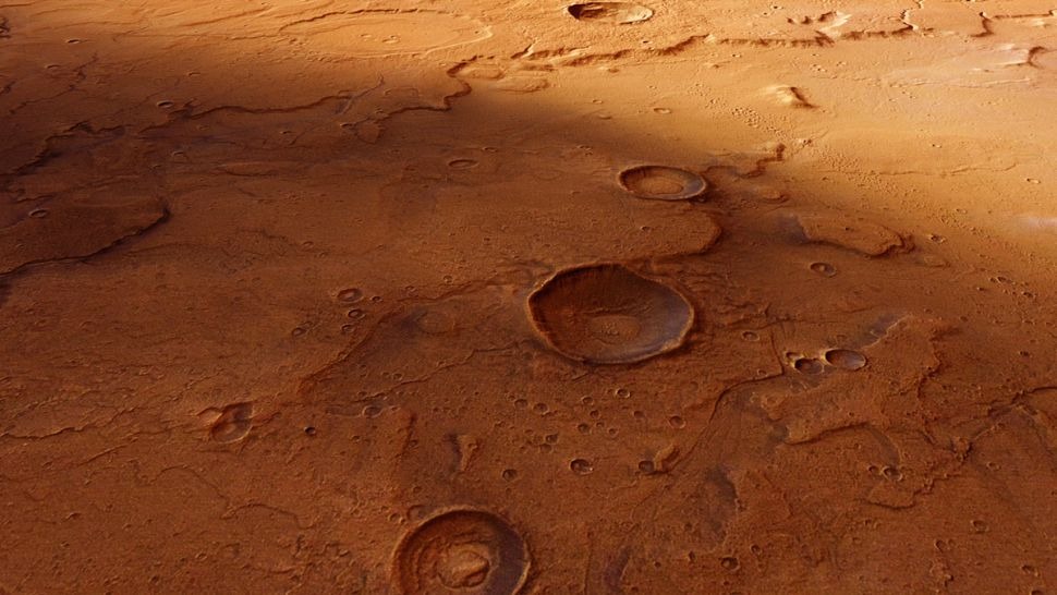 Krateri na Marsu prikazani u regijama Acidalia Planitia i Tempe Terra, na temelju podataka iz misije Mars Express (©ESA/DLR/FU Berlin (G. Neukum)).