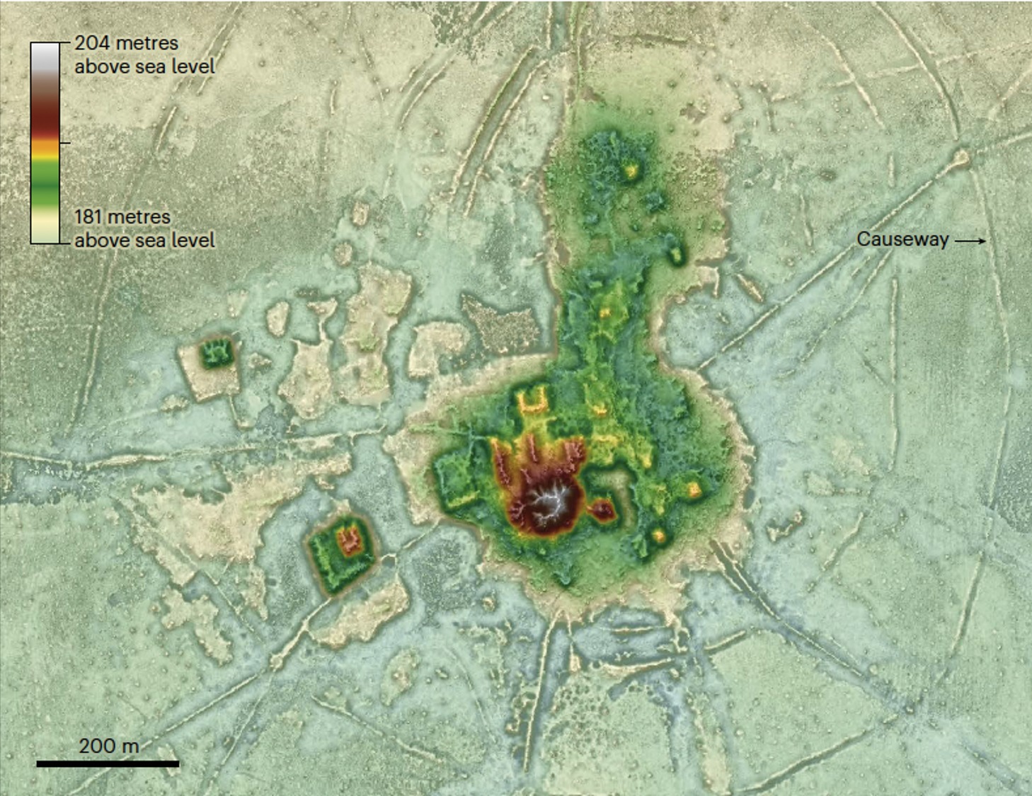LIDAR snimka naselja Cotoce pokazuju ceremonijalne strukture i radijalne nasipe (©Prümers et al., 2022).