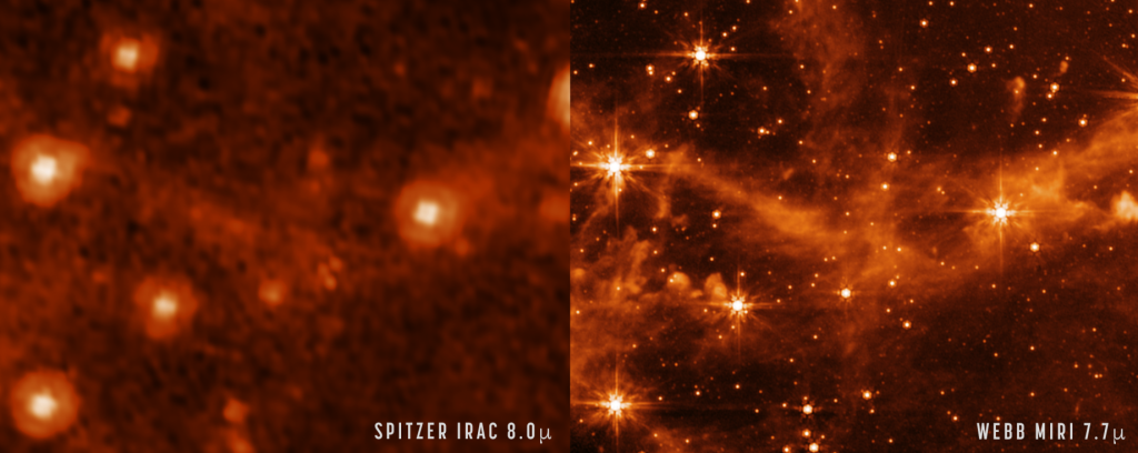 Usporedna slika dijela Velikog Magellanovog oblaka koje su snimili Spitzer i James Webb (©Spitzer: NASA/JPL-Caltech; MIRI: NASA/ESA/CSA/STScI).