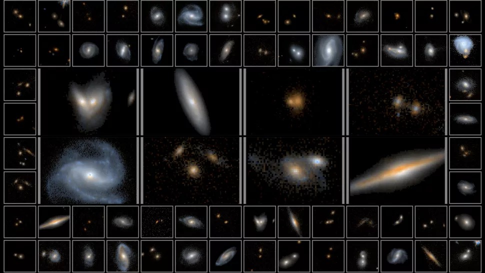 Dio galaksija koje su snimljene u okviru novog Hubbleovog prikupljanja podataka (3D-DASH). Među galaksijama nalaze se i neke od najstarijih snimljenih, čija svjetlost seže čak 10 milijardi godina u prošlost (©Lamiya Mowla 2022).