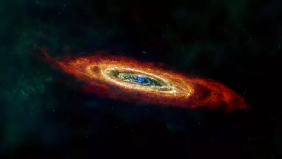 Galaksija Andromeda, ili M31, prikazana u infracrvenoj i radiovalovnoj duljini svjetlosti (©ESA, NASA, NASA-JPL, Caltech, Christopher Clark).
