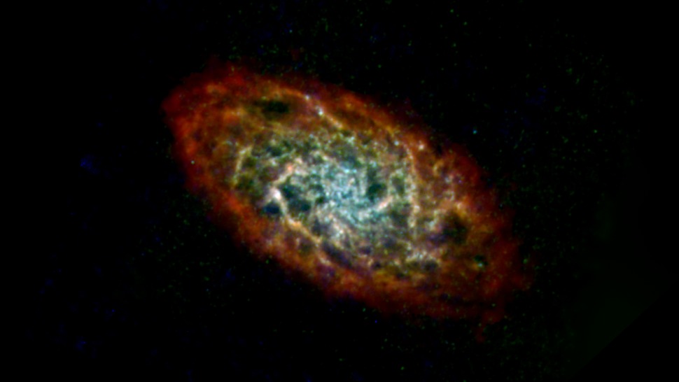 Galaksija Triangulum, ili M33, prikazana u infracrvenoj i radiovalovnoj duljini svjetlosti (©ESA, NASA, NASA-JPL, Caltech, Christopher Clark).