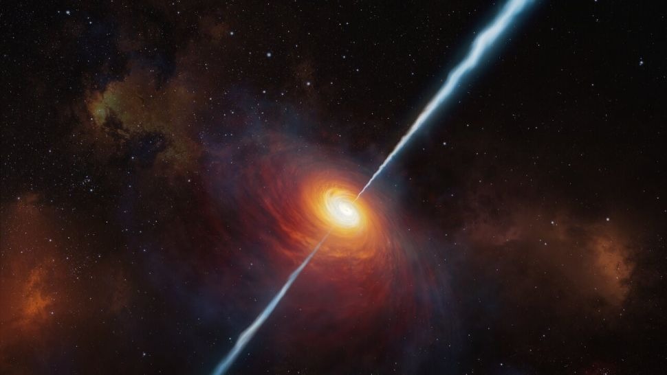 Ilustracija udaljenog kvazara. Pokrenuti 'hranjenjem' crnih rupa, kvazari su neki od najsvjetlijih objekata u svemiru (©ESO, M. Kornmesser).