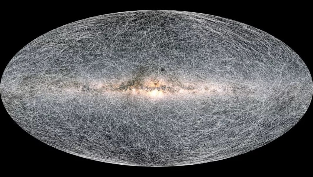 Ova slika prikazuje puteve 40.000 zvijezda smještenih unutar 326 svjetlosnih godina od Sunčevog sustava tijekom sljedećih 400.000 godina, na temelju mjerenja i projekcija ESA-ine svemirske letjelice Gaia (©ESA/Gaia/DPAC).