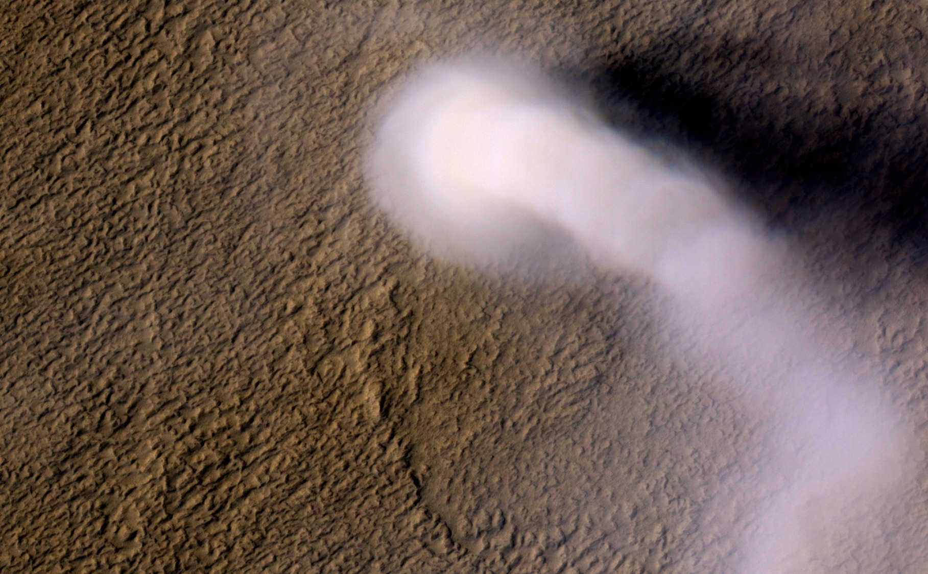 Pijavica (tj. 'vrag prašine') kojeg je odozgo snimila HiRISE kamera Mars Reconnaissance Orbitera. Pijavica je široka oko 70 metara i visoka čak do 20 kilometara (©NASA/JPL-Caltech/UA).