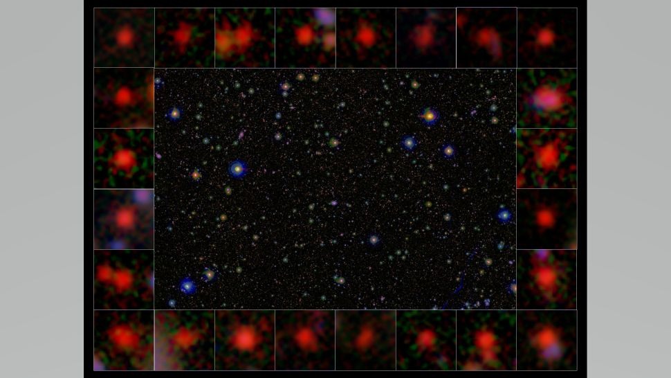 U središtu je slika regije koju je istražio COSMOS, a u manjim slikama – raspoređenim oko središnje – su galaksije te regije, nastale prije između 9.5 i 12 milijardi godina. Promatrane galaksije su „crvene i mrtve“, tj. ne stvaraju nove zvijezde (©NAOJ).