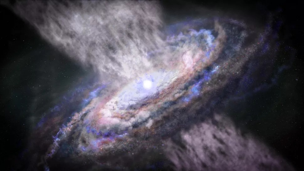 Umjetnički prikaz galaksije u kojoj se plin 'izbacuje' u međugalaktički prostor djelovanjem supermasivne crne rupe u središtu (©STScI).