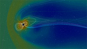 Zemlja je okružena sustavom magnetskih polja, koji se naziva magnetosfera. Magnetosfera štiti naš planet od štetnog Sunčevog i kozmičkog zračenja, ali može promijeniti oblik kao odgovor na svemirsko vrijeme koje dolazi sa Sunca (©NASA).