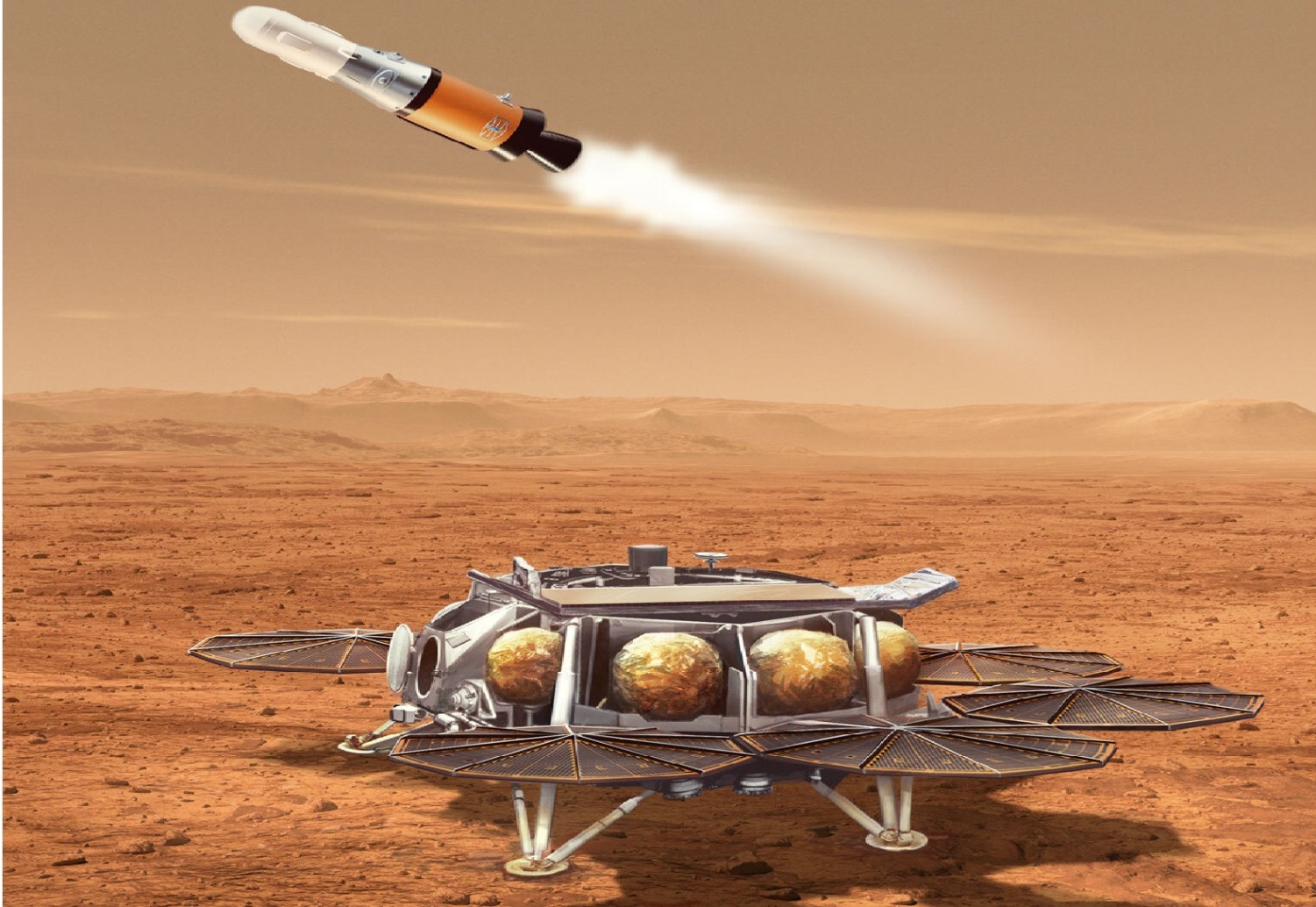 Lander za povrat uzoraka s Marsa i Vozilo za uspon na Marsu (MAV). Izvor: NASA/JPL-Caltech.