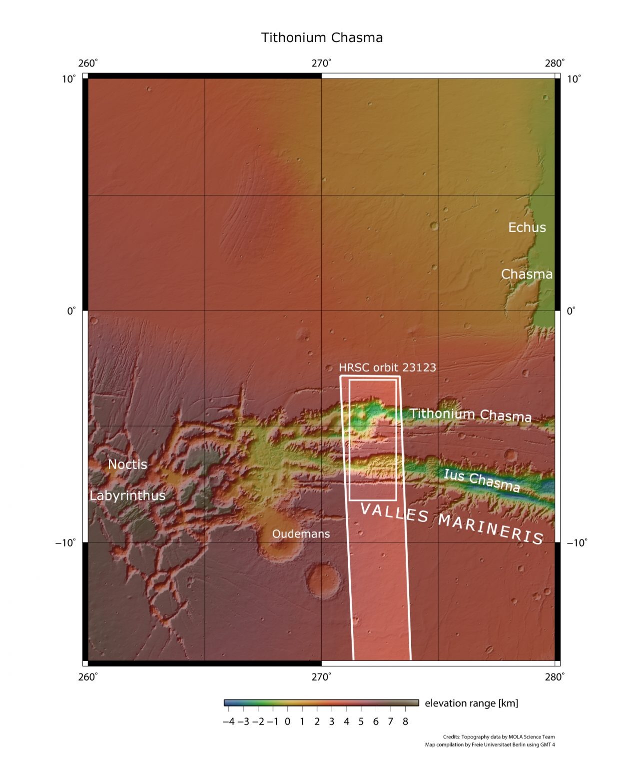 'Ius' i 'Tithonium Chasmata' na temelju podataka koje je snimio ESA-in Mars Express (©NASA/MGS/MOLA Science Team).