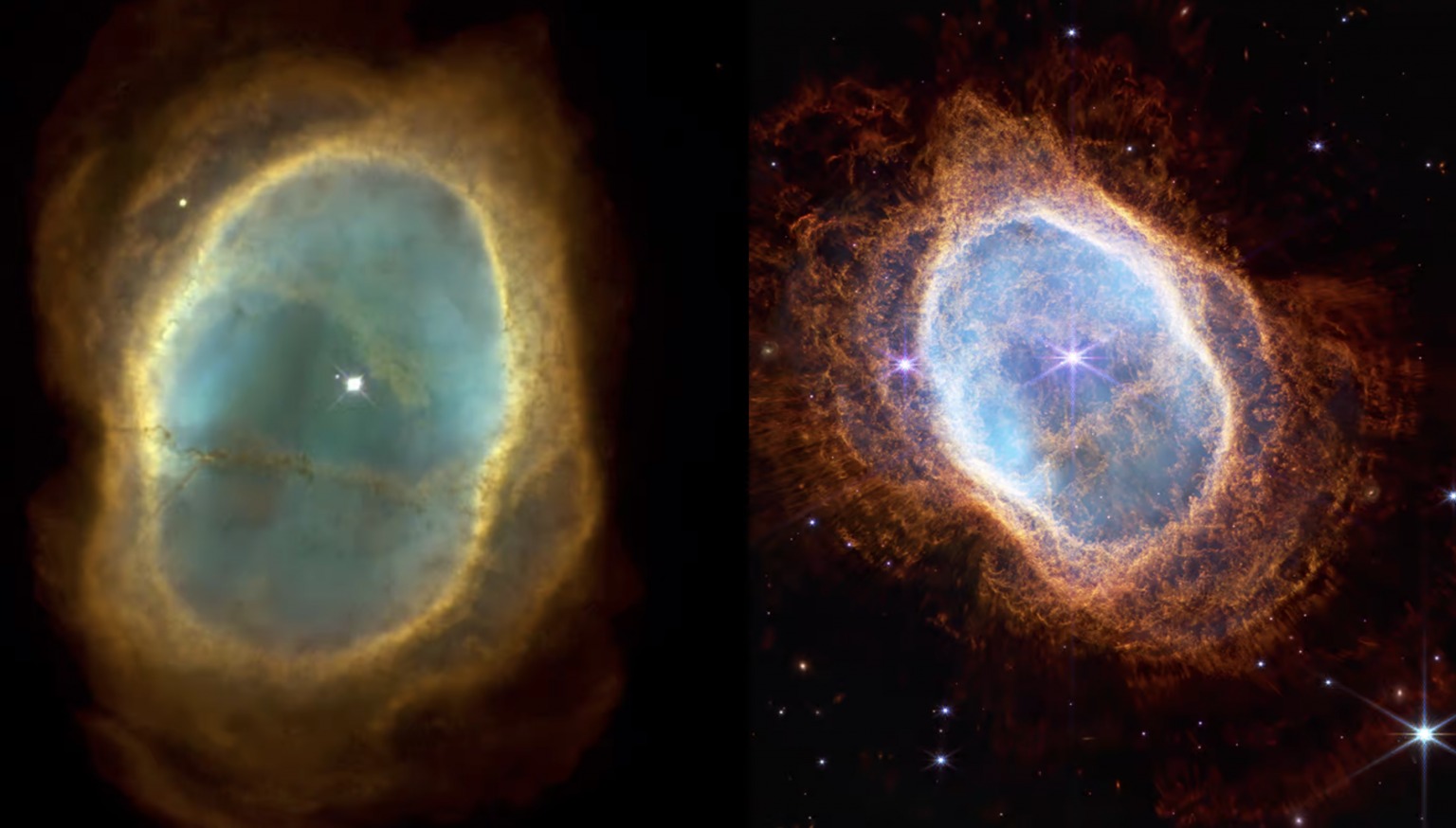 Maglica Južni prsten kako je vide Hubble (lijevo) i Webb (desno) (©NASA/ESA/CSA/STScI).