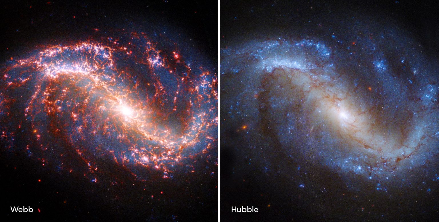 Usporedba između slike NGC 7496 koju je snimio svemirski teleskop James Webb (lijevo) i iste galaksije snimljene svemirskim teleskopom Hubble (desno). Izvor: NASA, ESA, CSA i STScI.