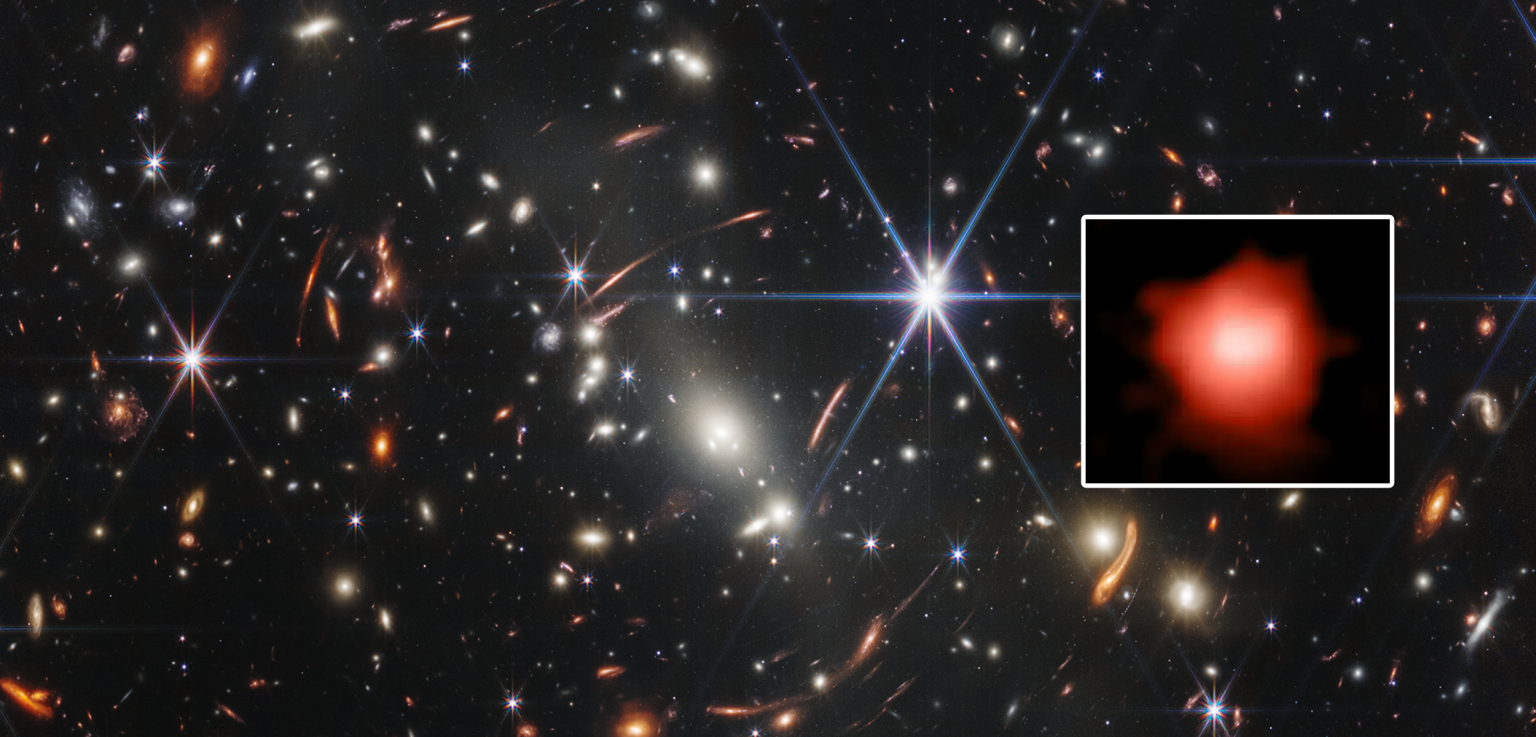 Slika dubokog polja i slika za koju se vjeruje da je najstarija pronađena galaksija. Izvor: T . Treu/GLASS-JWST/NASA/CSA/ESA/STScI.