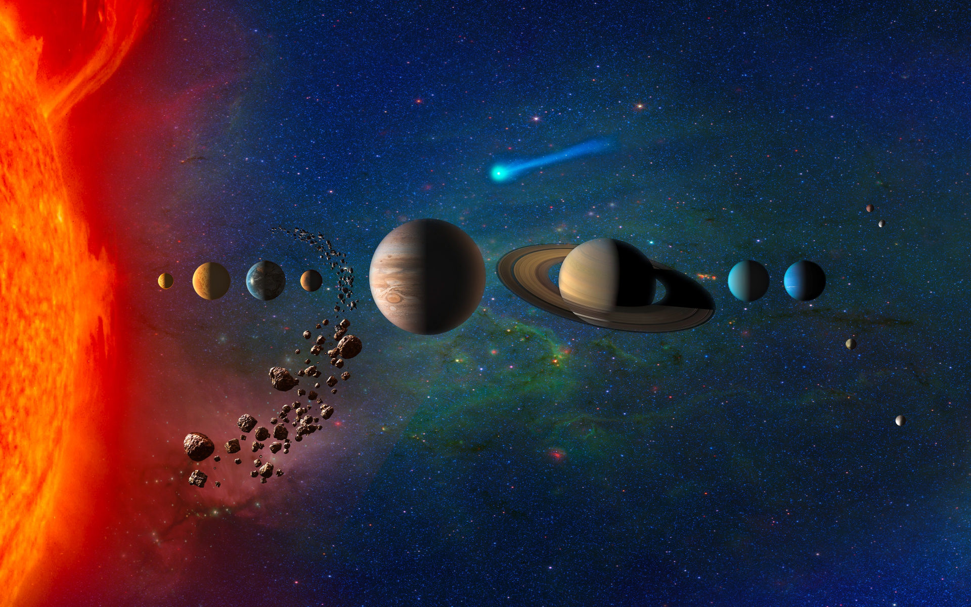 Simplificiran i ilustrativan prikaz planeta Sunčevog sustava. Unutarnji dio Sunčevog sustava čine stjenoviti planeti – Merkur, Venera, Zemlja i Mars – a nakon pojasa asteroida započinju vanjski plinoviti planeti – Jupiter, Saturn, Uran i Neptun (©NASA).